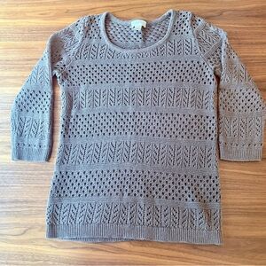 LOFT Taupe Openwork Scoop Neck Knit Sweater